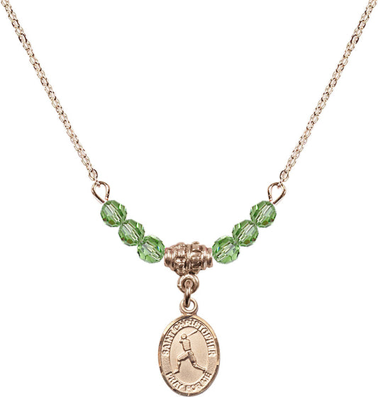 14kt Gold Filled Saint Christopher/Baseball Birthstone Necklace with Peridot Beads - 9150