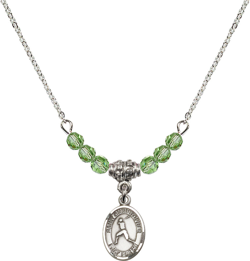 Sterling Silver Saint Christopher/Baseball Birthstone Necklace with Peridot Beads - 9150