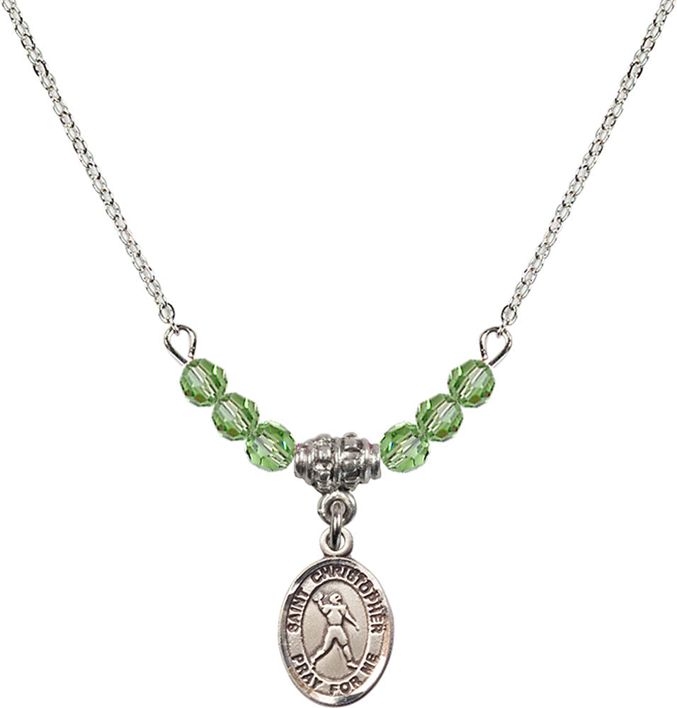 Sterling Silver Saint Christopher/Football Birthstone Necklace with Peridot Beads - 9151