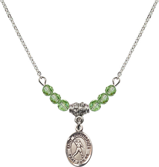 Sterling Silver Saint Christopher/Football Birthstone Necklace with Peridot Beads - 9151