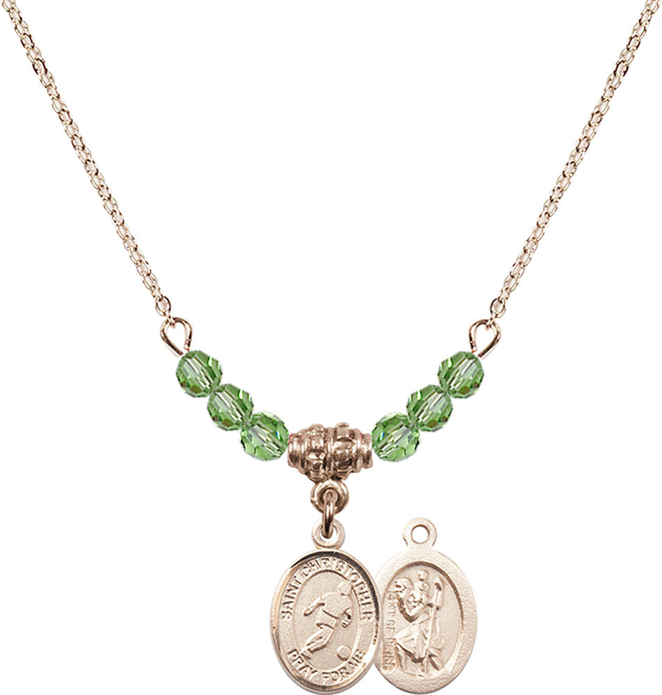 14kt Gold Filled Saint Christopher/Soccer Birthstone Necklace with Peridot Beads - 9154