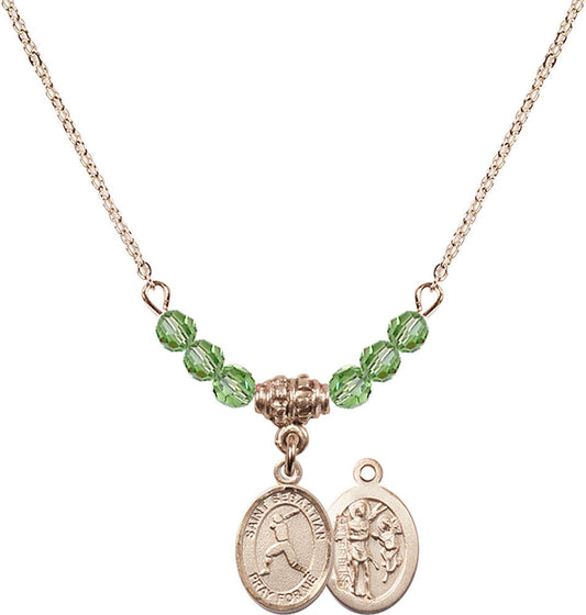 14kt Gold Filled Saint Sebastian/Baseball Birthstone Necklace with Peridot Beads - 9160