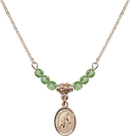 14kt Gold Filled Saint Sebastian/Basketball Birthstone Necklace with Peridot Beads - 9163