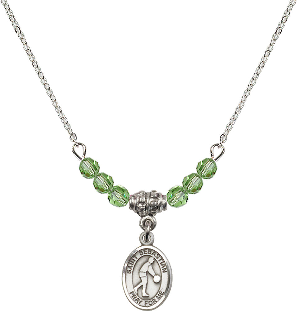 Sterling Silver Saint Sebastian/Basketball Birthstone Necklace with Peridot Beads - 9163