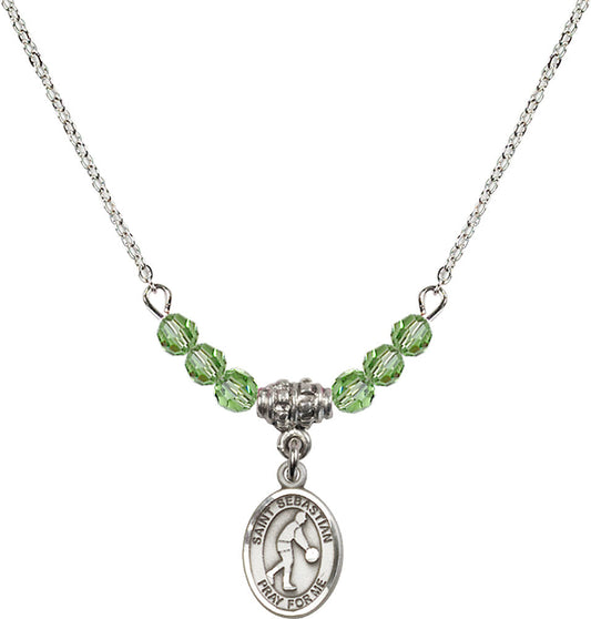 Sterling Silver Saint Sebastian/Basketball Birthstone Necklace with Peridot Beads - 9163