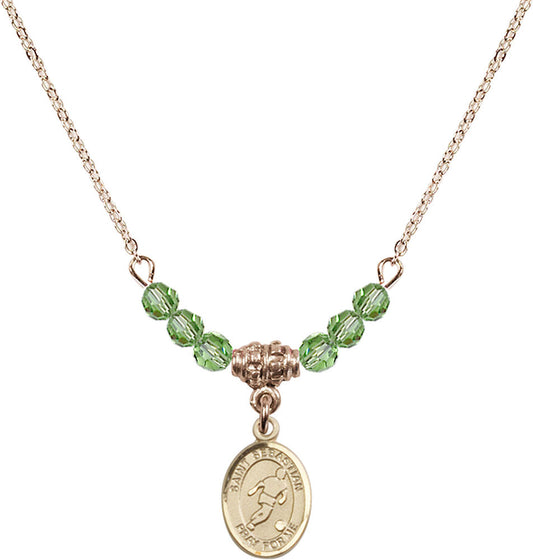 14kt Gold Filled Saint Sebastian/Soccer Birthstone Necklace with Peridot Beads - 9164