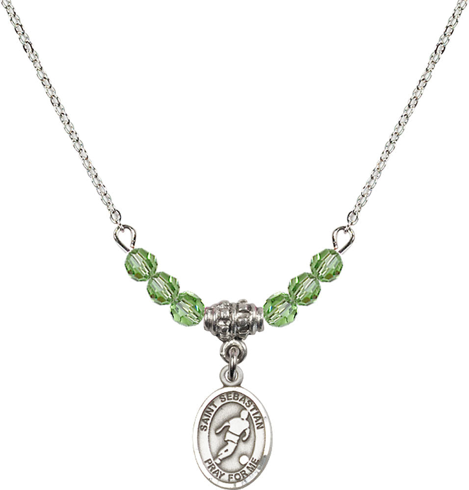 Sterling Silver Saint Sebastian/Soccer Birthstone Necklace with Peridot Beads - 9164