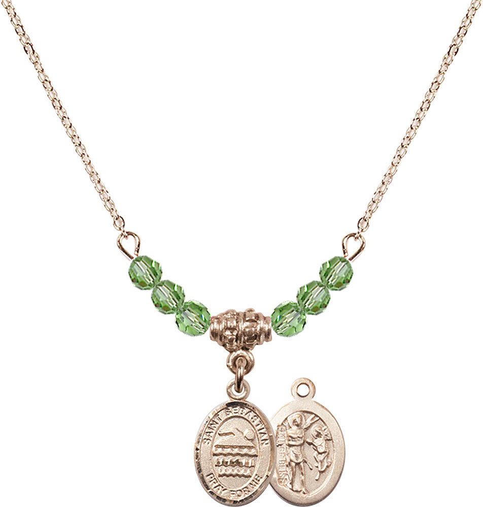 14kt Gold Filled Saint Sebastian/Swimming Birthstone Necklace with Peridot Beads - 9167