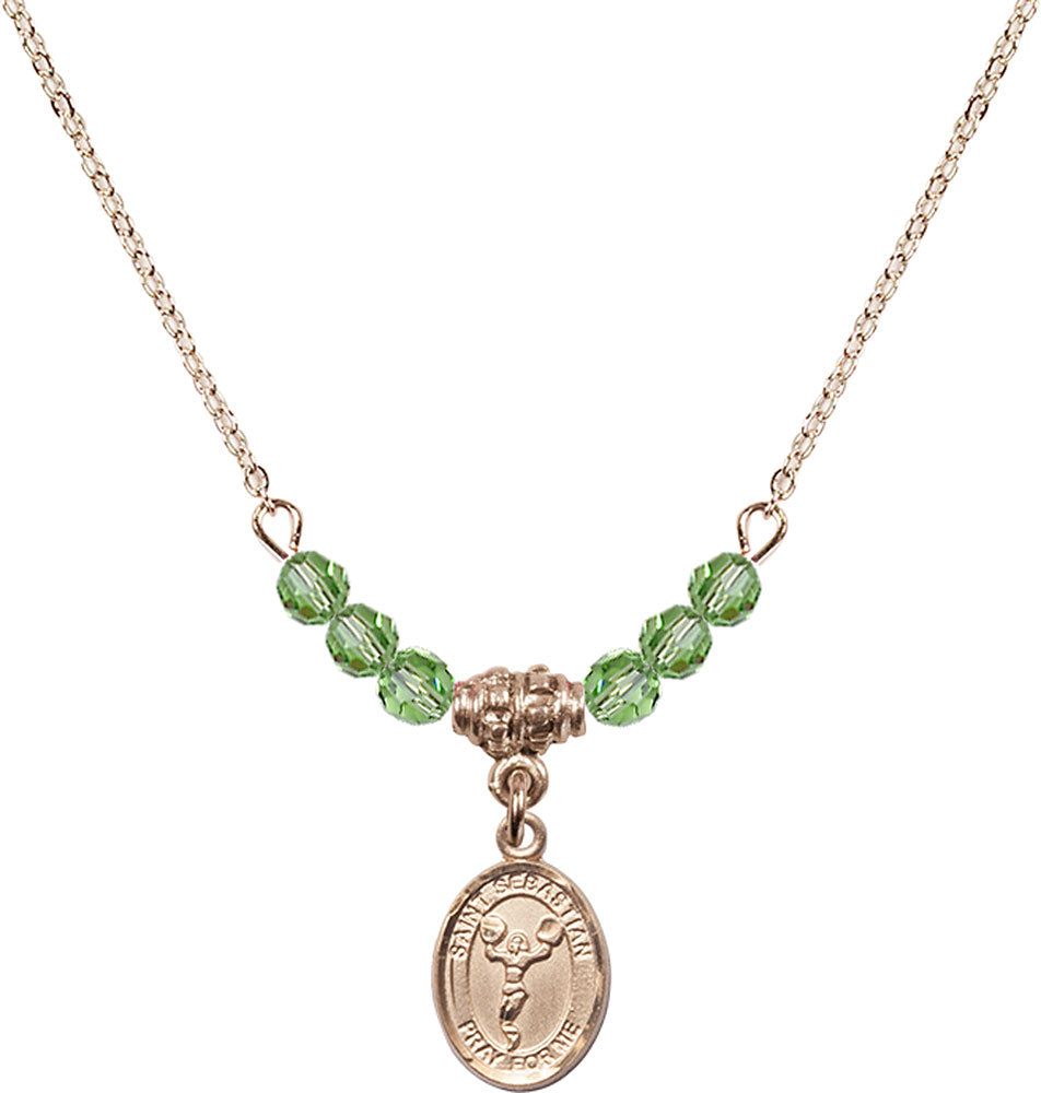 14kt Gold Filled Saint Sebastian/Cheerleading Birthstone Necklace with Peridot Beads - 9170