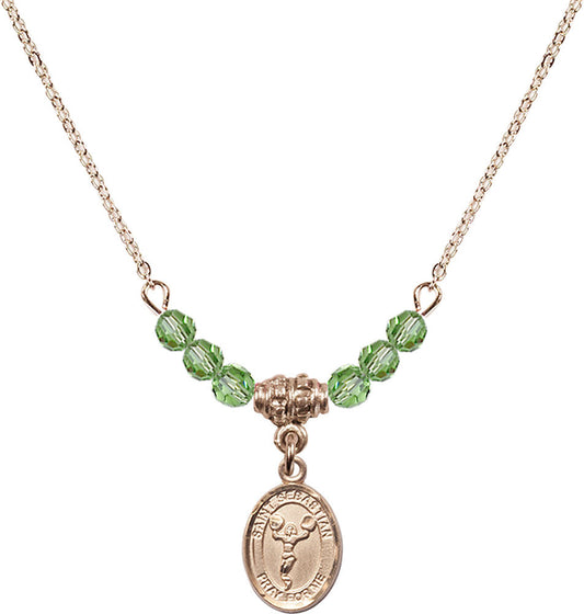 14kt Gold Filled Saint Sebastian/Cheerleading Birthstone Necklace with Peridot Beads - 9170