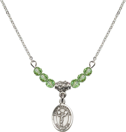 Sterling Silver Saint Sebastian/Cheerleading Birthstone Necklace with Peridot Beads - 9170
