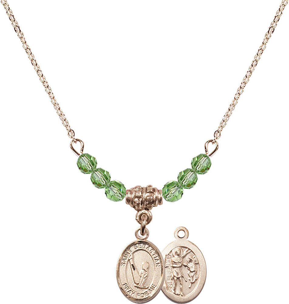 14kt Gold Filled Saint Sebastian/Gymnastics Birthstone Necklace with Peridot Beads - 9172