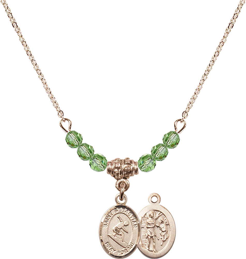 14kt Gold Filled Saint Sebastian/Surfing Birthstone Necklace with Peridot Beads - 9175