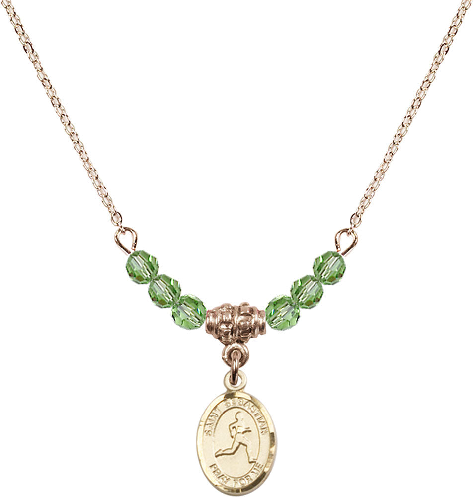 14kt Gold Filled Saint Sebastian/Track & Field Birthstone Necklace with Peridot Beads - 9176