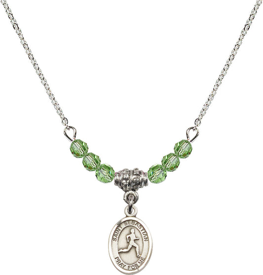 Sterling Silver Saint Sebastian/Track & Field Birthstone Necklace with Peridot Beads - 9176