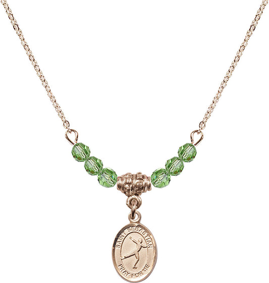 14kt Gold Filled Saint Sebastian/Figure Skating Birthstone Necklace with Peridot Beads - 9177
