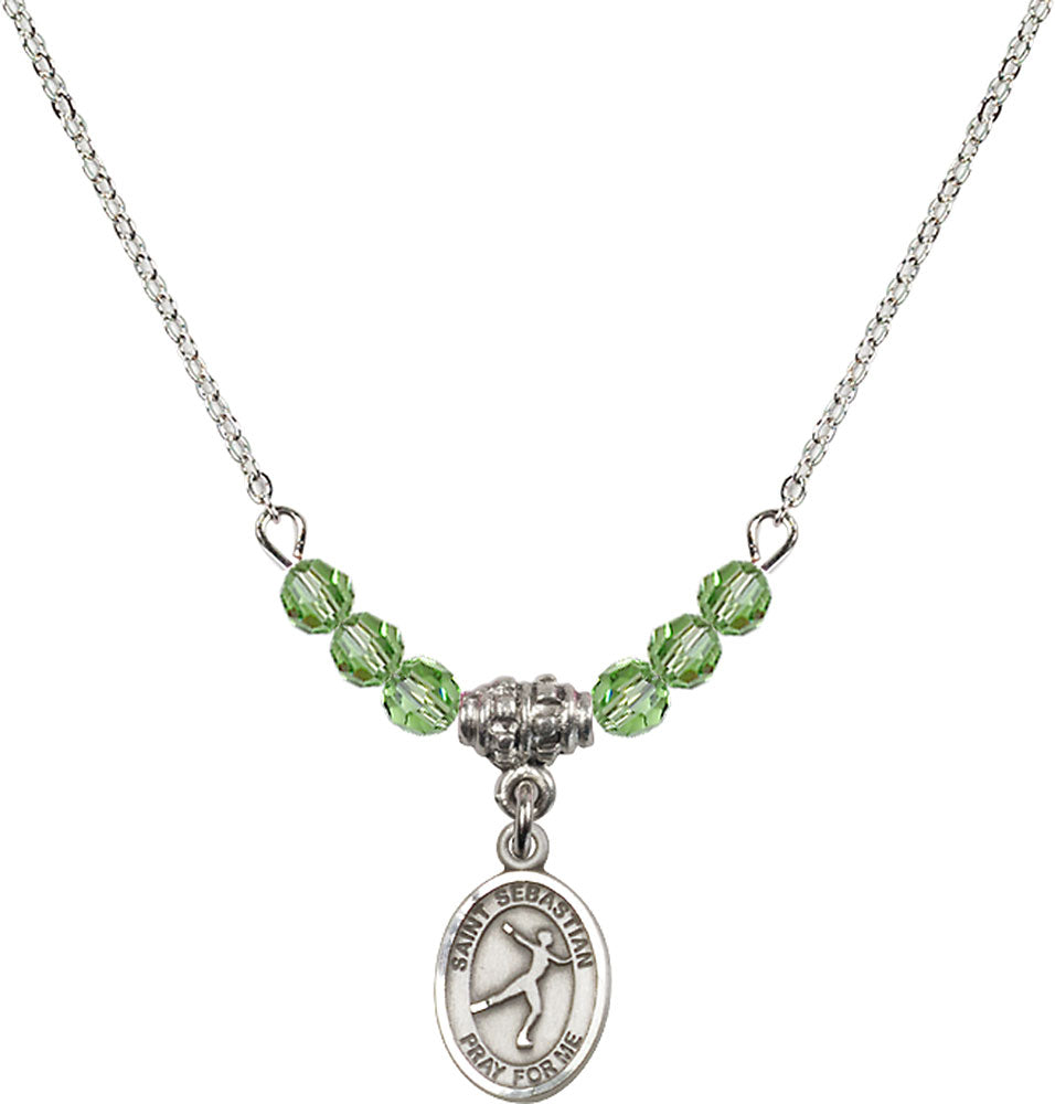 Sterling Silver Saint Sebastian/Figure Skating Birthstone Necklace with Peridot Beads - 9177