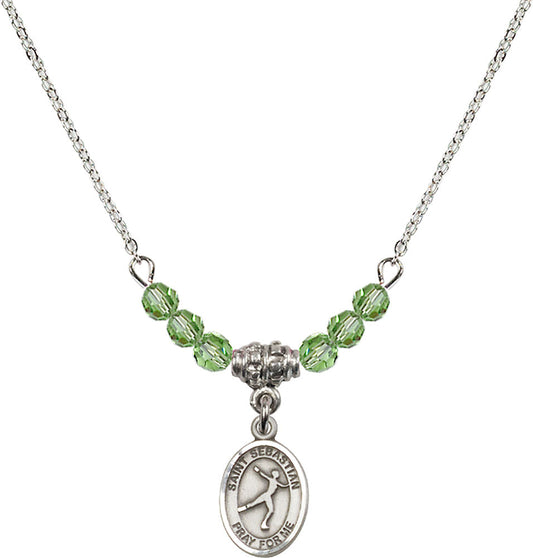Sterling Silver Saint Sebastian/Figure Skating Birthstone Necklace with Peridot Beads - 9177