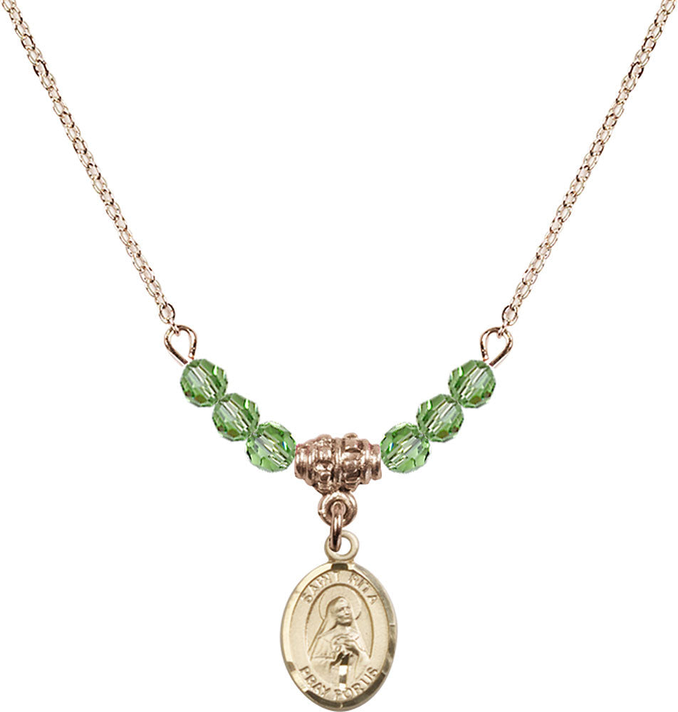 14kt Gold Filled Saint Rita / Baseball Birthstone Necklace with Peridot Beads - 9181