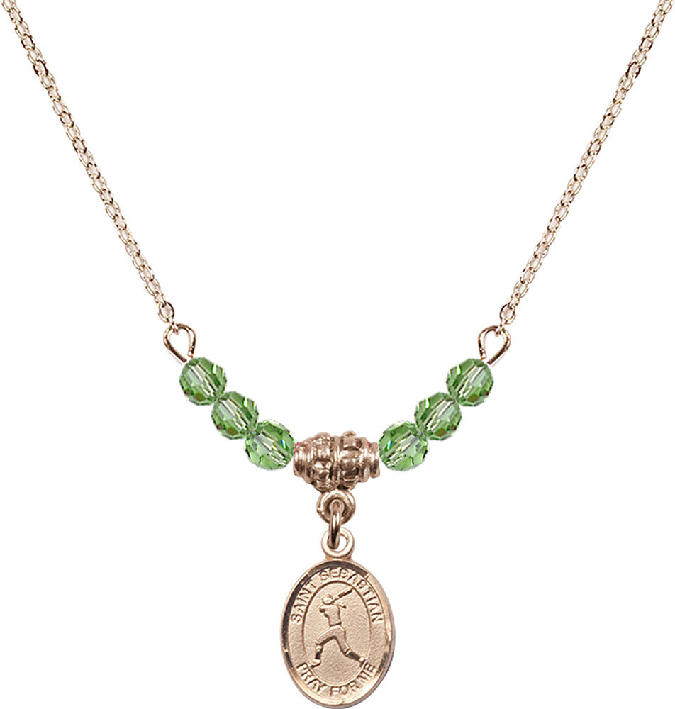 14kt Gold Filled Saint Sebastian/Softball Birthstone Necklace with Peridot Beads - 9183