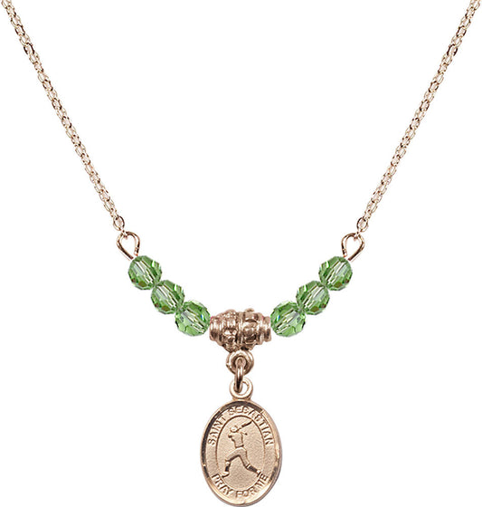 14kt Gold Filled Saint Sebastian/Softball Birthstone Necklace with Peridot Beads - 9183