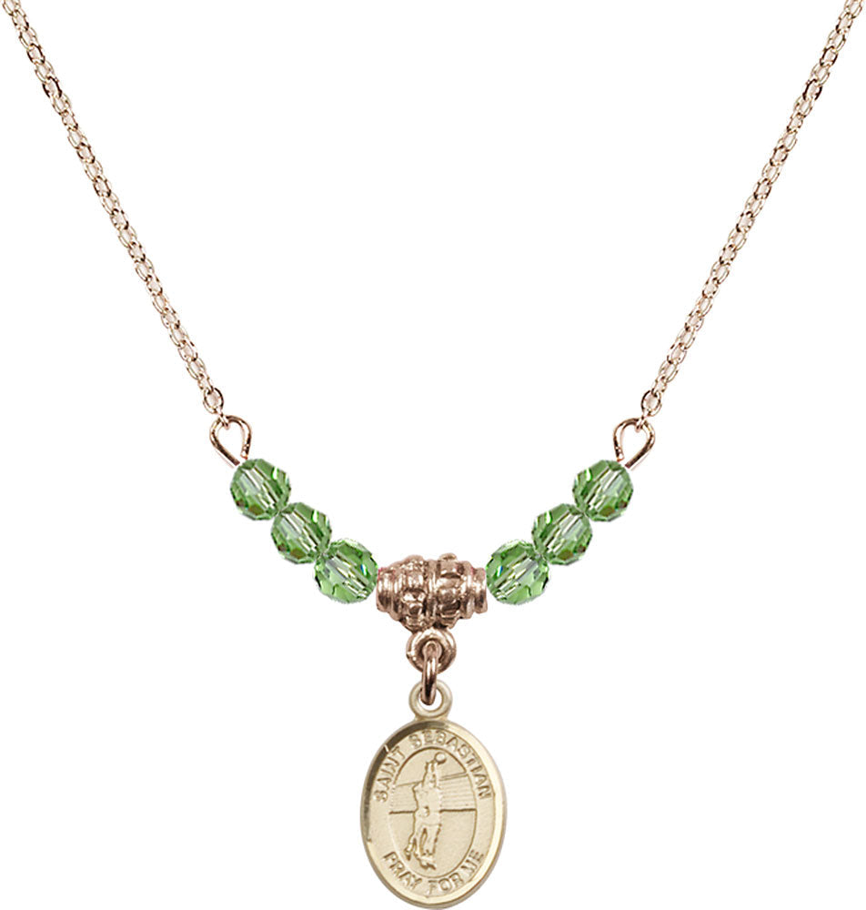 14kt Gold Filled Saint Sebastian / Volleyball Birthstone Necklace with Peridot Beads - 9186