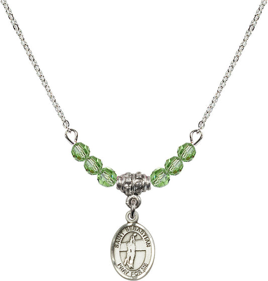 Sterling Silver Saint Sebastian / Volleyball Birthstone Necklace with Peridot Beads - 9186