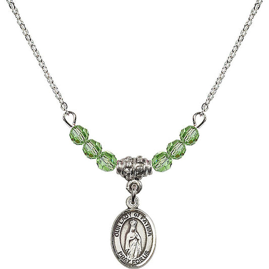 Sterling Silver Our Lady of Fatima Birthstone Necklace with Peridot Beads - 9205