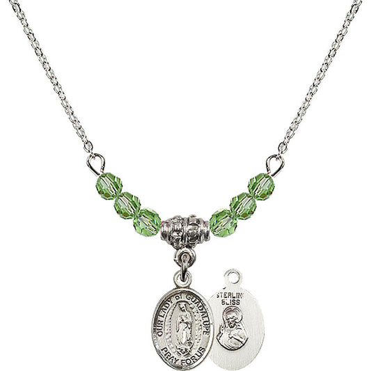 Sterling Silver Our Lady of Guadalupe Birthstone Necklace with Peridot Beads - 9206