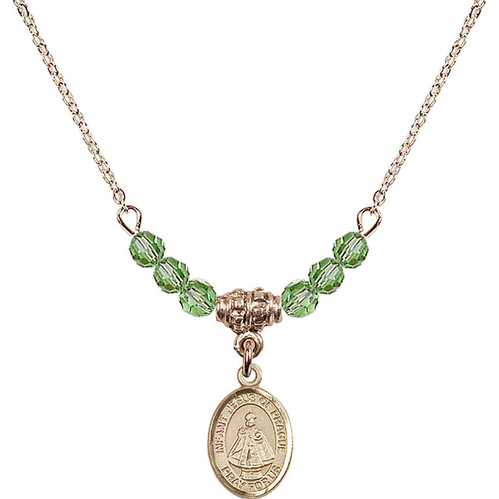 14kt Gold Filled Infant of Prague Birthstone Necklace with Peridot Beads - 9207