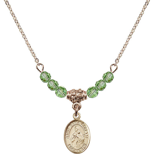14kt Gold Filled Saint Maria Goretti Birthstone Necklace with Peridot Beads - 9208