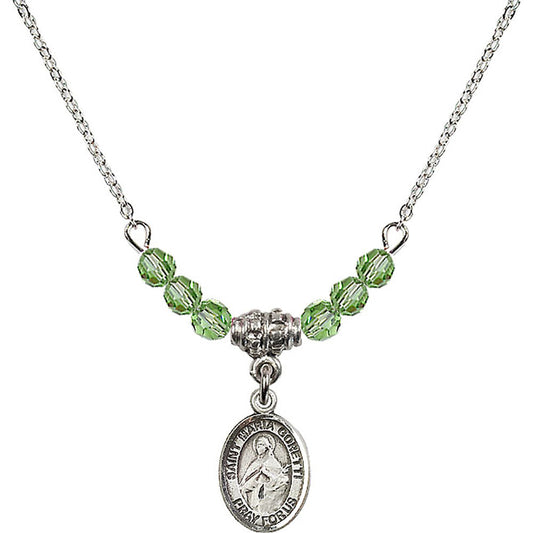 Sterling Silver Saint Maria Goretti Birthstone Necklace with Peridot Beads - 9208