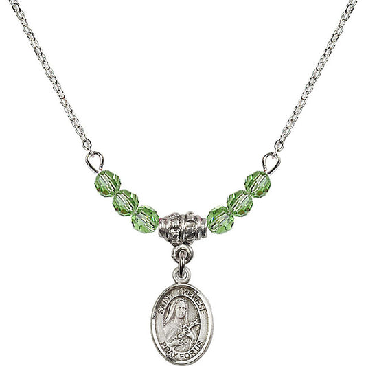 Sterling Silver Saint Therese of Lisieux Birthstone Necklace with Peridot Beads - 9210
