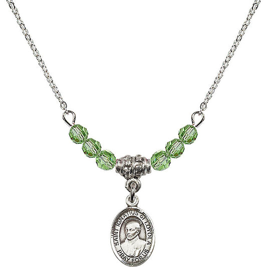 Sterling Silver Saint Ignatius of Loyola Birthstone Necklace with Peridot Beads - 9217