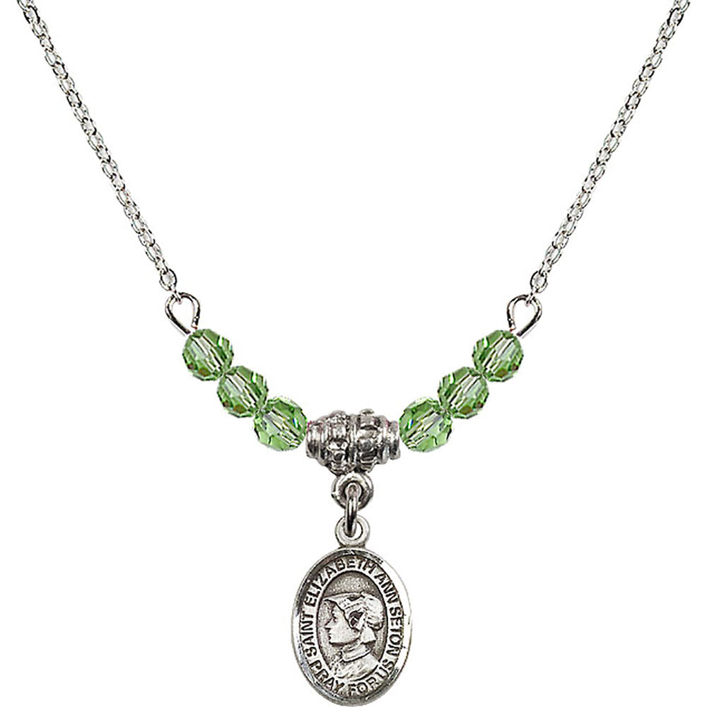 Sterling Silver Saint Elizabeth Ann Seton Birthstone Necklace with Peridot Beads - 9224