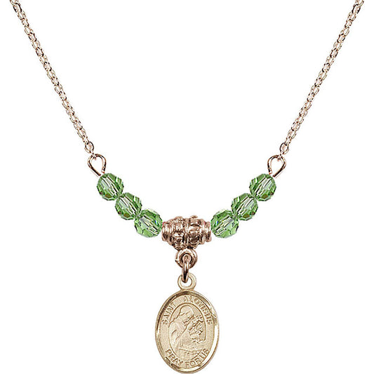 14kt Gold Filled Saint Aloysius Gonzaga Birthstone Necklace with Peridot Beads - 9225