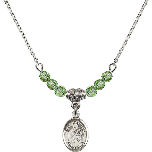 Sterling Silver Saint Aloysius Gonzaga Birthstone Necklace with Peridot Beads - 9225