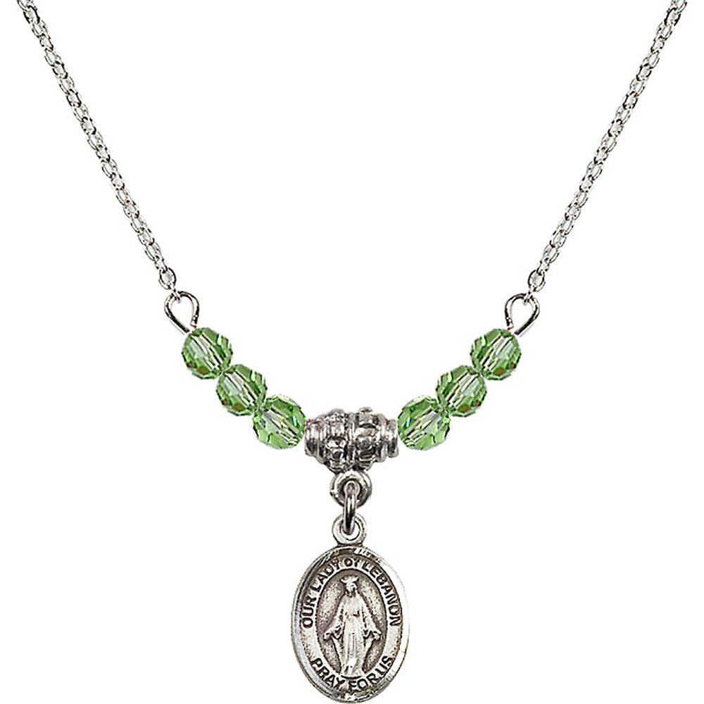 Sterling Silver Our Lady of Lebanon Birthstone Necklace with Peridot Beads - 9229