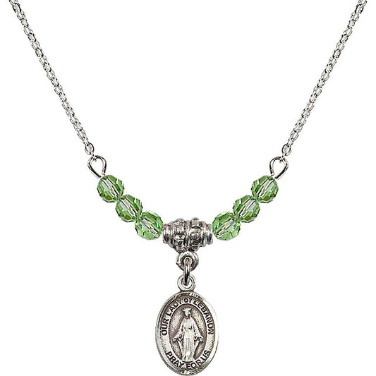 Sterling Silver Our Lady of Lebanon Birthstone Necklace with Peridot Beads - 9229