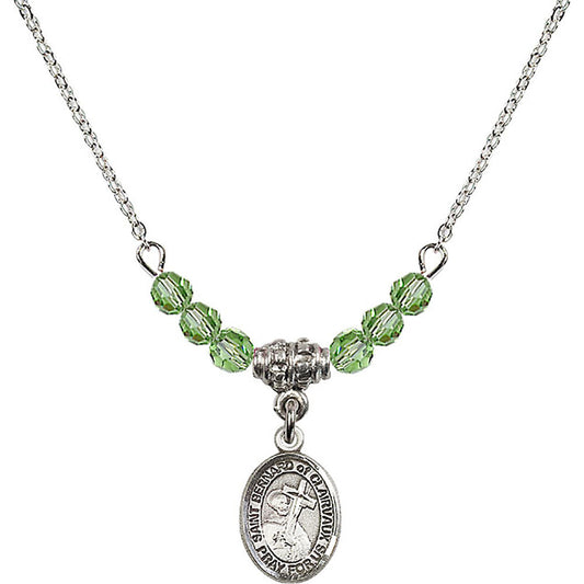 Sterling Silver Saint Bernard of Clairvaux Birthstone Necklace with Peridot Beads - 9233