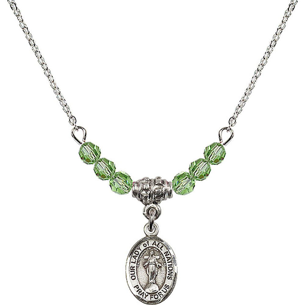 Sterling Silver Our Lady of All Nations Birthstone Necklace with Peridot Beads - 9242
