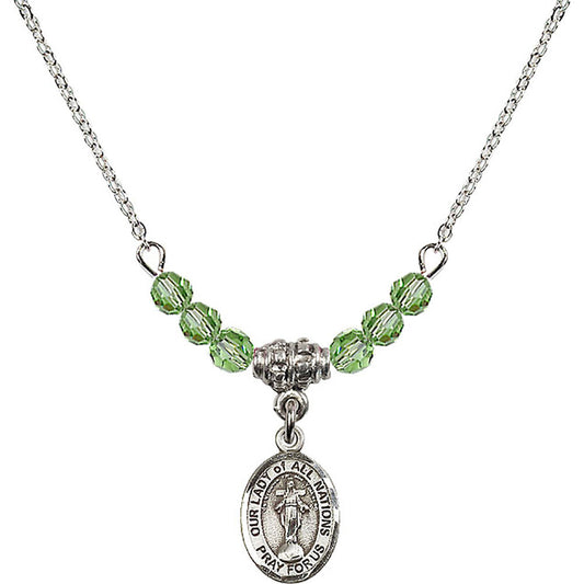 Sterling Silver Our Lady of All Nations Birthstone Necklace with Peridot Beads - 9242