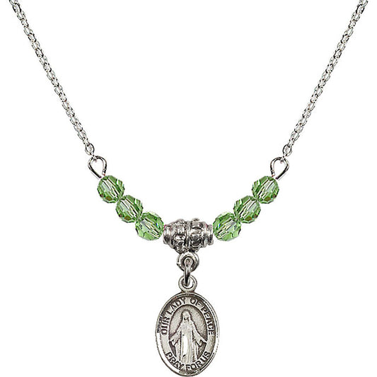 Sterling Silver Our Lady of Peace Birthstone Necklace with Peridot Beads - 9245