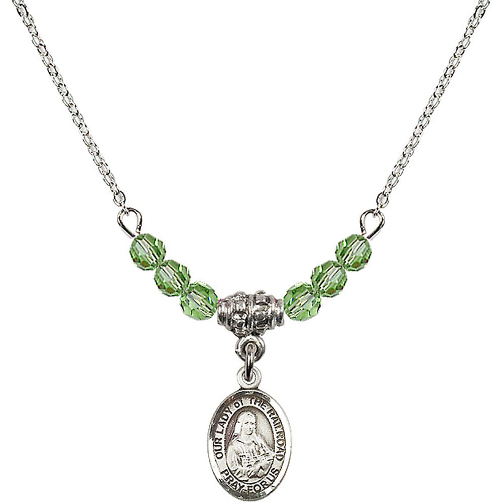Sterling Silver Our Lady of the Railroad Birthstone Necklace with Peridot Beads - 9247