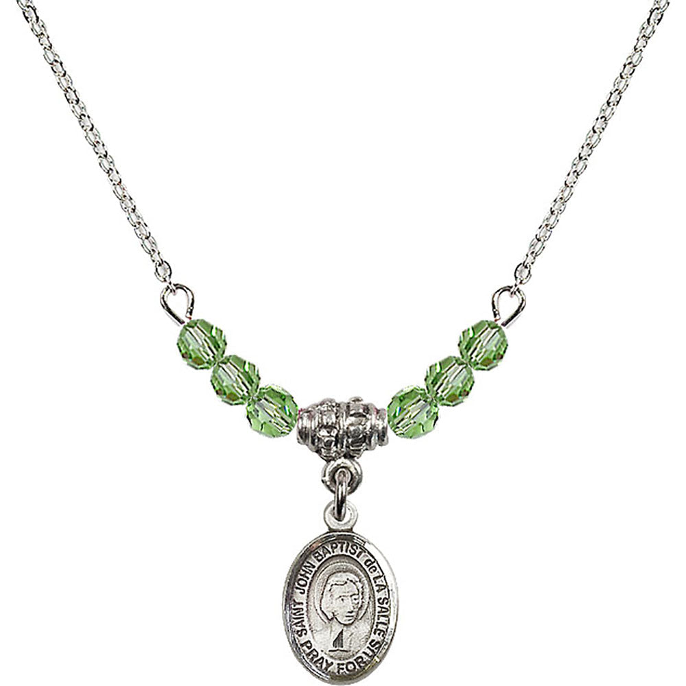Sterling Silver Saint John Baptist de la Salle Birthstone Necklace with Peridot Beads - 9262