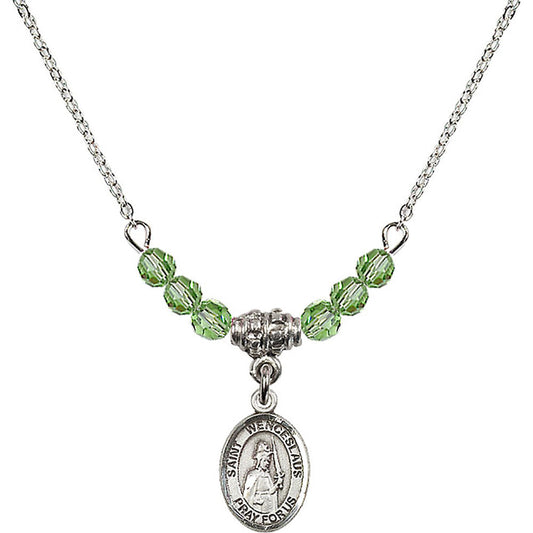Sterling Silver Saint Wenceslaus Birthstone Necklace with Peridot Beads - 9273