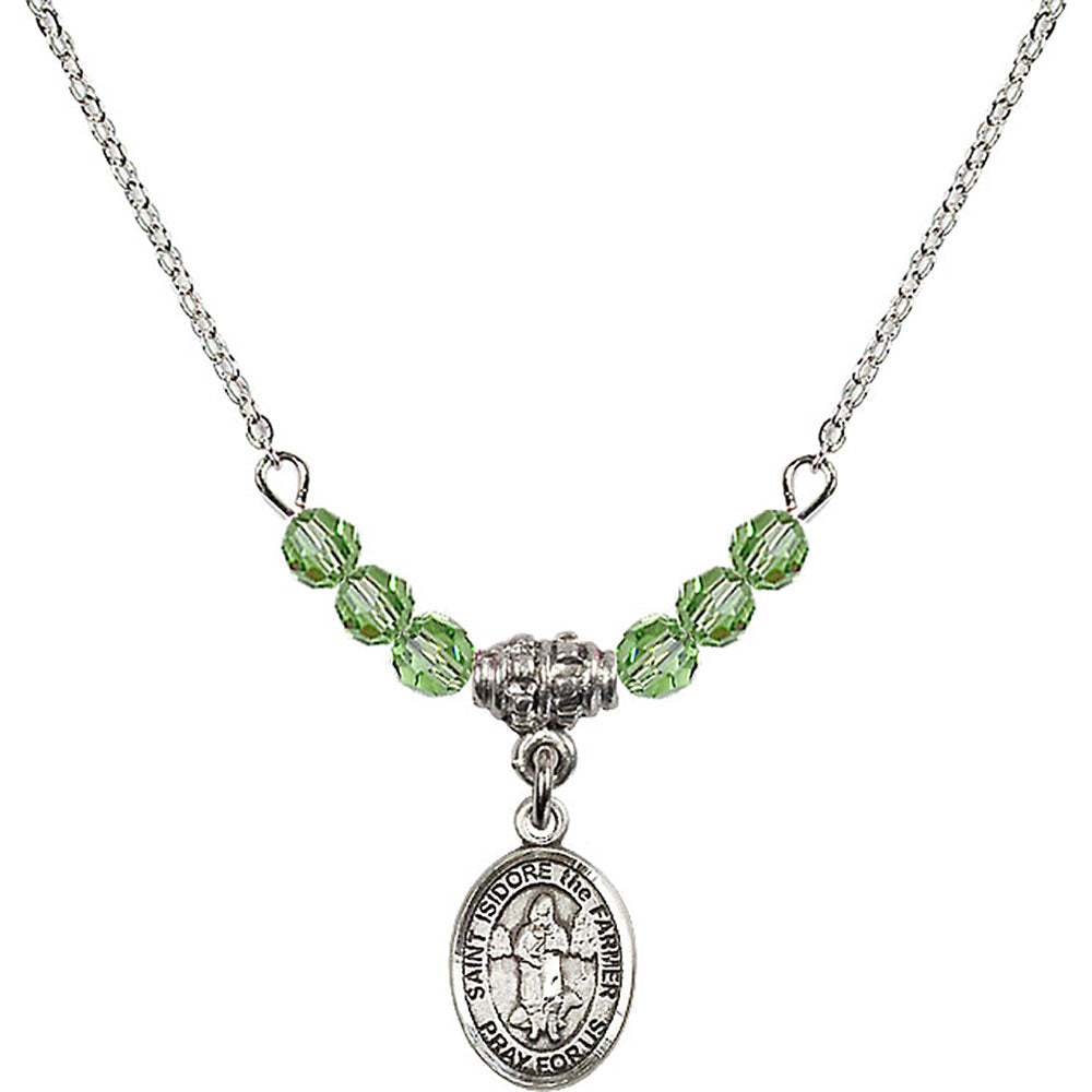 Sterling Silver Saint Isidore the Farmer Birthstone Necklace with Peridot Beads - 9276