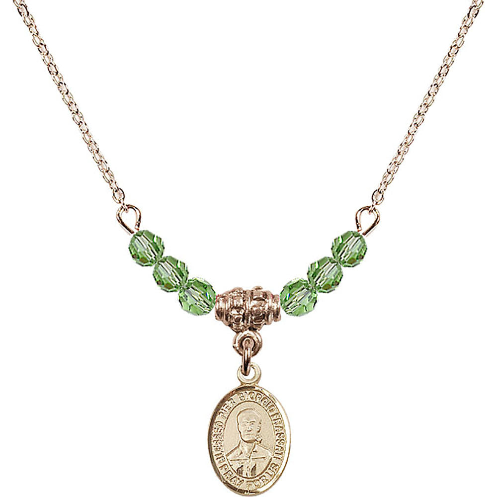 14kt Gold Filled Blessed Pier Giorgio Frassati Birthstone Necklace with Peridot Beads - 9278