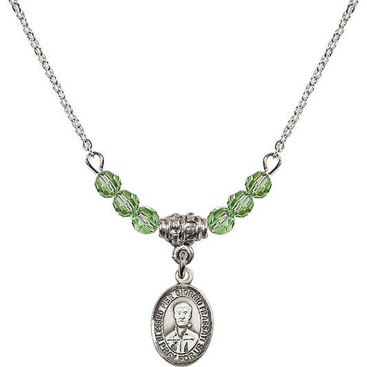 Sterling Silver Blessed Pier Giorgio Frassati Birthstone Necklace with Peridot Beads - 9278