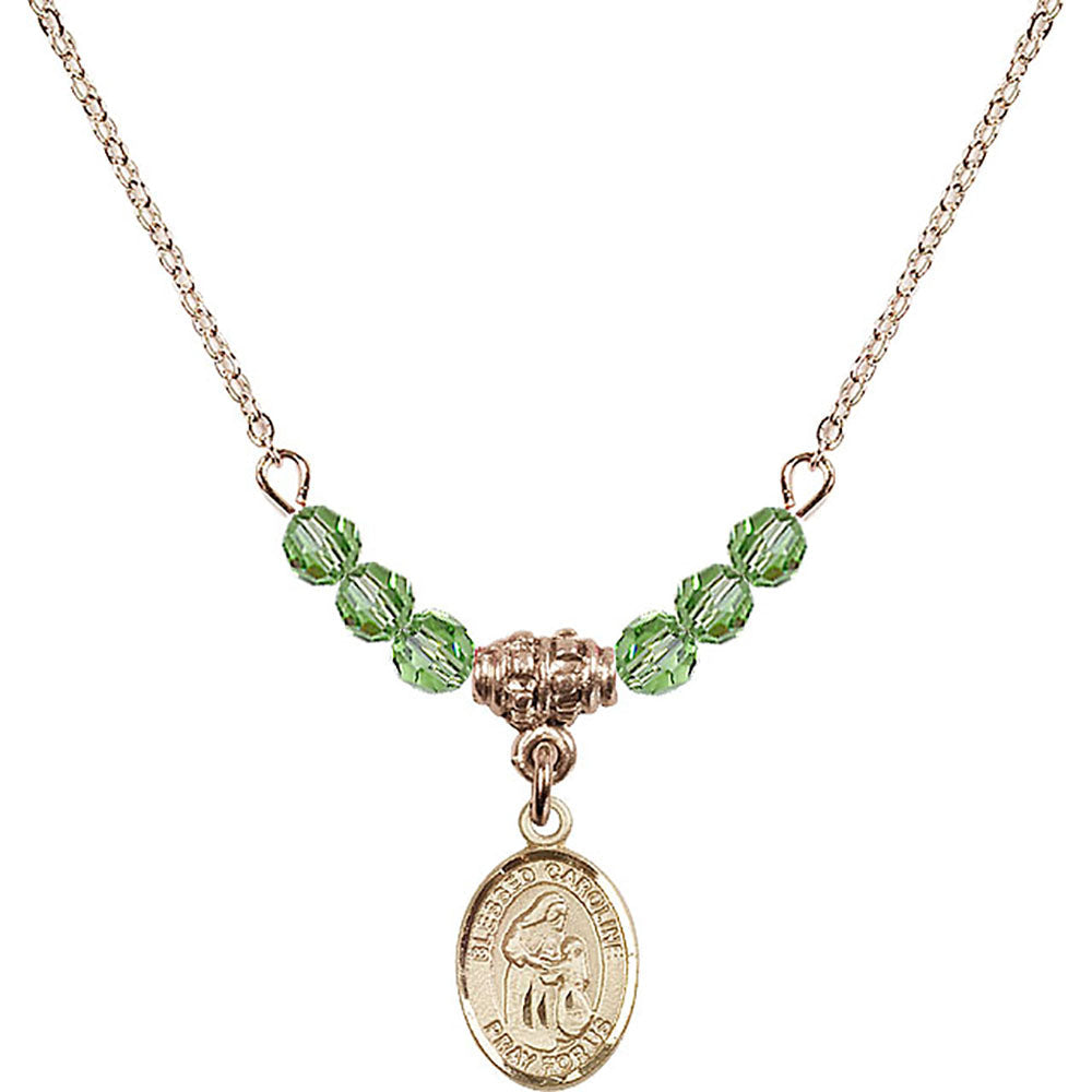 14kt Gold Filled Blessed Caroline Gerhardinger Birthstone Necklace with Peridot Beads - 9281